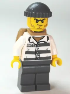 CTY0480:  Police - Jail Prisoner 86753 Prison Stripes, Dark Bluish Gray Knit Cap, Backpack, Scowl