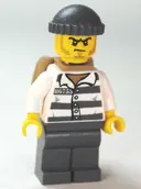 Minifigurka: CTY0480:  Police - Jail Prisoner 86753 Prison Stripes, Dark Bluish Gray Knit Cap, Backpack, Scowl