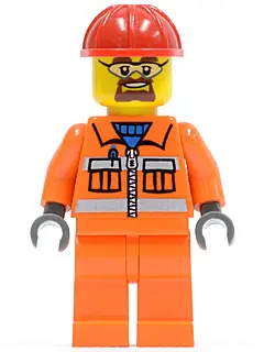 CTY0483:  Construction Worker - Orange Zipper, Safety Stripes, Orange Arms, Orange Legs, Red Construction Helmet, Beard and Safety Goggles