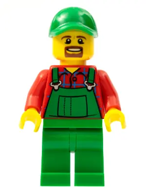 CTY0499:  Overalls Farmer Green, Green Cap with Hole, Brown Moustache and Goatee
