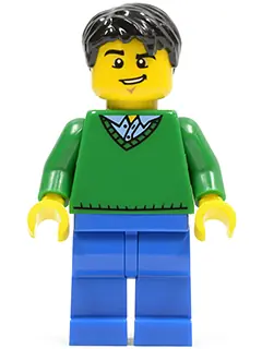 CTY0503:  Green V-Neck Sweater, Blue Legs, Black Short Tousled Hair, Lopsided Grin