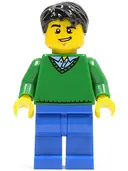 Minifigurka: CTY0503:  Green V-Neck Sweater, Blue Legs, Black Short Tousled Hair, Lopsided Grin