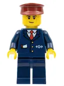 Minifigurka: CTY0505:  Dark Blue Suit with Train Logo, Dark Blue Legs, Dark Red Hat, Cheek Lines