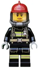 Minifigurka: CTY0525:  Fire - Reflective Stripes with Utility Belt, Dark Red Fire Helmet, Breathing Neck Gear with Air Tanks, Nougat Lips Smile