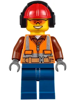 CTY0527:  Construction Worker - Male, Orange Safety Vest, Reflective Stripes, Reddish Brown Shirt, Dark Blue Legs, Red Construction Helmet with Black Ear Protectors / Headphones, Safety Glasses