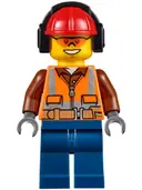 Minifigurka: CTY0527:  Construction Worker - Male, Orange Safety Vest, Reflective Stripes, Reddish Brown Shirt, Dark Blue Legs, Red Construction Helmet with Black Ear Protectors / Headphones, Safety Glasses