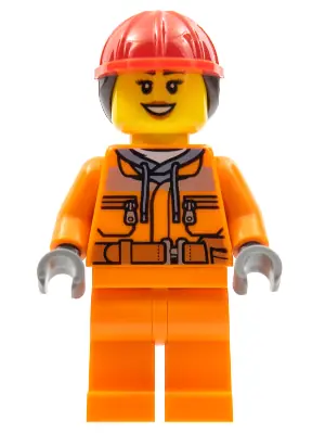 CTY0528:  Construction Worker - Female, Orange Safety Jacket, Reflective Stripe, Sand Blue Hoodie, Orange Legs, Red Construction Helmet with Dark Brown Ponytail Hair, Dark Orange Lips