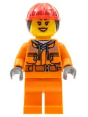Minifigurka: CTY0528:  Construction Worker - Female, Orange Safety Jacket, Reflective Stripe, Sand Blue Hoodie, Orange Legs, Red Construction Helmet with Dark Brown Ponytail Hair, Dark Orange Lips