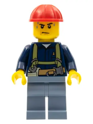CTY0530:  Construction Worker - Shirt with Harness and Wrench, Sand Blue Legs, Red Construction Helmet, Sweat Drops