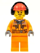 Minifigurka: CTY0534:  Construction Worker - Male, Orange Safety Jacket, Reflective Stripe, Sand Blue Hoodie, Orange Legs, Red Construction Helmet with Black Ear Protectors / Headphones, Stubble