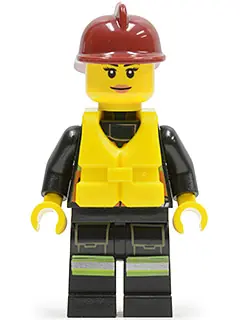 CTY0538:  Fire - Reflective Stripe Vest with Pockets and Shoulder Strap, Dark Red Fire Helmet, Life Jacket Center Buckle, Female Pink Lips