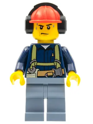 CTY0541:  Construction Worker - Male, Shirt with Harness and Wrench, Sand Blue Legs, Red Construction Helmet with Black Ear Protectors / Headphones, Sweat Drops
