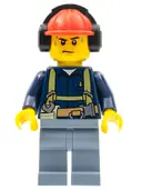 Minifigurka: CTY0541:  Construction Worker - Male, Shirt with Harness and Wrench, Sand Blue Legs, Red Construction Helmet with Black Ear Protectors / Headphones, Sweat Drops
