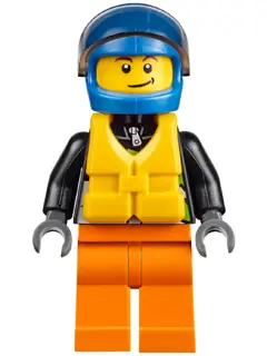 CTY0542:  Xtreme Powerboat Driver, Male, Brown Dimple, Black Racing Jacket, Orange Legs, Blue Standard Helmet, Yellow Life Jacket