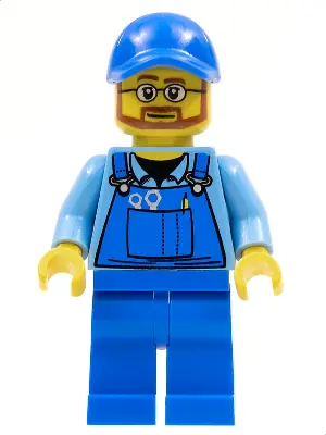 CTY0544:  Overalls with Tools in Pocket Blue, Blue Cap with Hole, Beard and Glasses