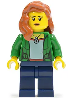 CTY0545:  Green Female Jacket Open with Necklace, Dark Blue Legs, Dark Orange Female Hair over Shoulder