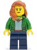 Minifigurka: CTY0545:  Green Female Jacket Open with Necklace, Dark Blue Legs, Dark Orange Female Hair over Shoulder