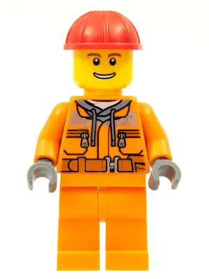 CTY0549:  Construction Worker - Male, Orange Safety Jacket, Reflective Stripe, Sand Blue Hoodie, Orange Legs, Red Construction Helmet, Thin Grin with Teeth