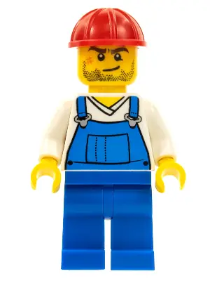 CTY0555:  Overalls Blue over V-Neck Shirt, Blue Legs, Red Construction Helmet, Crooked Smile and Scar