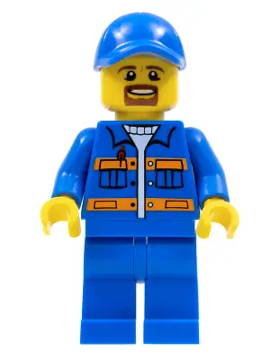 CTY0556:  Blue Jacket with Pockets and Orange Stripes, Blue Legs, Blue Cap with Hole, Brown Moustache and Goatee