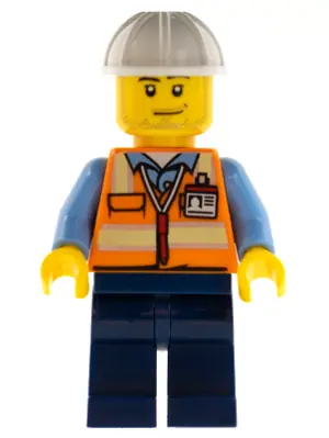 CTY0557:  Space Engineer, Male, Orange Vest, Dark Blue Legs, White Construction Helmet, Stubble