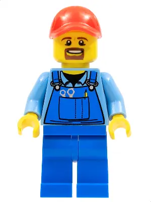 CTY0570:  Overalls with Tools in Pocket Blue, Red Cap with Hole, Brown Moustache and Goatee