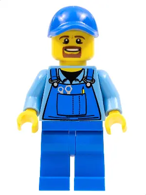 CTY0574:  Overalls with Tools in Pocket Blue, Blue Cap with Hole, Brown Moustache and Goatee