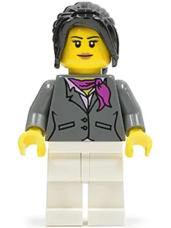 CTY0575:  Dark Bluish Gray Jacket with Magenta Scarf, White Legs, Black Hair Ponytail Long with Side Bangs (City Square Car Saleswoman)