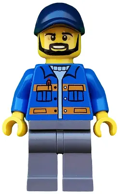 CTY0576:  Blue Jacket with Pockets and Orange Stripes, Dark Bluish Gray Legs, Dark Blue Cap with Hole, Black Beard