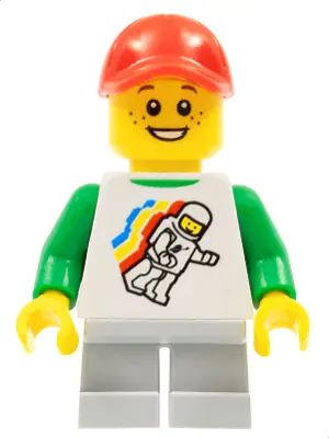 CTY0577:  Classic Space Minifigure Floating Pattern, Light Bluish Gray Short Legs, Red Cap with Hole