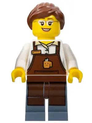 CTY0580:  City Square Barista - Reddish Brown Apron with Cup, Reddish Brown Ponytail and Swept Sideways Fringe, Glasses and Smile