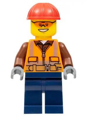 CTY0584:  Construction Worker - Male, Orange Safety Vest, Reflective Stripes, Reddish Brown Shirt, Dark Blue Legs, Red Construction Helmet, Orange Safety Glasses