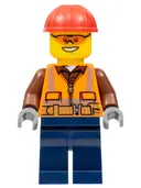 Minifigurka: CTY0584:  Construction Worker - Male, Orange Safety Vest, Reflective Stripes, Reddish Brown Shirt, Dark Blue Legs, Red Construction Helmet, Orange Safety Glasses