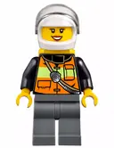 Minifigurka: CTY0588:  Fire - Reflective Stripe Vest with Pockets and Shoulder Strap, White Helmet, Yellow Air Tanks, Dark Orange Lips