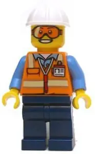 CTY0600:  Space Engineer, Male, Orange Vest, Dark Blue Legs, White Construction Helmet, Goggles