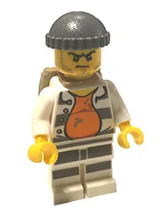 CTY0618:  Police - Jail Prisoner 18675, Open Shirt, Striped Legs, Gray Knit Cap, Backpack
