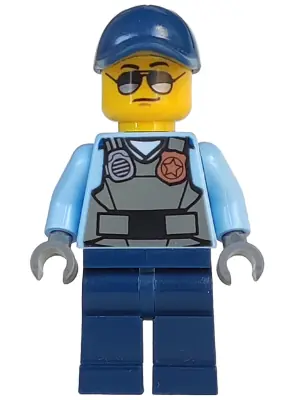 CTY0619:  Police - City Officer, Sunglasses, Gray Vest with Radio and Gold Badge, Dark Blue Legs, Dark Blue Cap