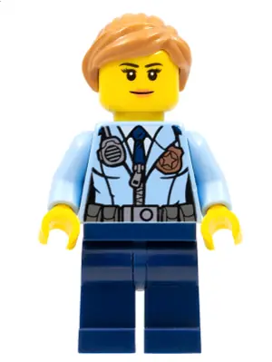 CTY0620:  Police - City Officer Female, Jacket with Dark Blue Tie, Radio and Gold Badge, Dark Blue Legs, Medium Nougat Ponytail and Swept Sideways Fringe