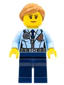 Minifigurka: CTY0620:  Police - City Officer Female, Jacket with Dark Blue Tie, Radio and Gold Badge, Dark Blue Legs, Medium Nougat Ponytail and Swept Sideways Fringe