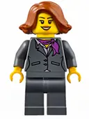 Minifigurka: CTY0623:  Dark Bluish Gray Jacket with Magenta Scarf, Dark Bluish Gray Legs, Dark Orange Female Hair Short Swept Sideways (Ferry Passenger)