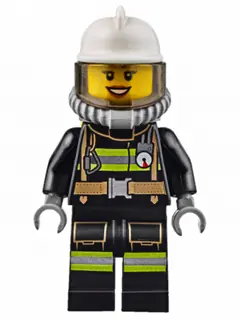 CTY0629:  Fire - Reflective Stripes with Utility Belt, White Fire Helmet, Breathing Neck Gear with Air Tanks, Trans-Brown Visor, Dark Orange Lips Open Mouth Smile