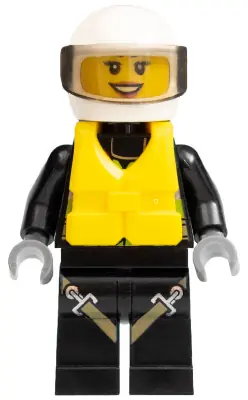 CTY0640:  Fire - Reflective Stripes with Utility Belt and Flashlight, Life Jacket Center Buckle, White Helmet, Trans-Brown Visor, Dark Orange Lips Open Mouth Smile