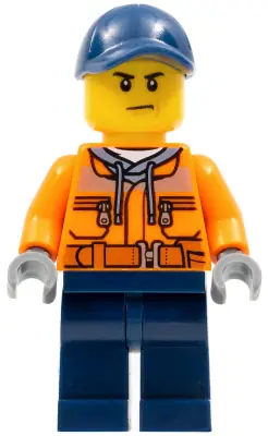 CTY0641:  Construction Worker - Male, Orange Safety Jacket, Reflective Stripe, Sand Blue Hoodie, Dark Blue Legs, Dark Blue Cap with Hole, Scowl