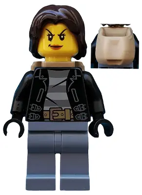 CTY0642:  Police - City Bandit Crook Female, Sand Blue Legs, Dark Brown Mid-Length Tousled Hair, Backpack