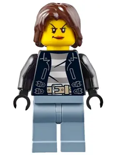 CTY0645:  Police - City Bandit Crook Female, Sand Blue Legs, Dark Brown Mid-Length Tousled Hair