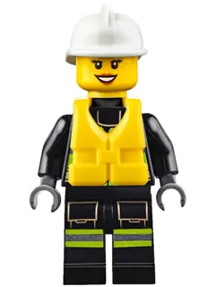CTY0650:  Fire - Reflective Stripes with Utility Belt and Flashlight, Life Jacket, White Fire Helmet, Dark Orange Lips Open Mouth Smile