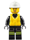 Minifigurka: CTY0650:  Fire - Reflective Stripes with Utility Belt and Flashlight, Life Jacket, White Fire Helmet, Dark Orange Lips Open Mouth Smile