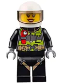 Minifigurka: CTY0651:  Fire - Reflective Stripes with Utility Belt and Flashlight, White Helmet, Trans-Brown Visor, Dark Orange Lips Open Mouth Smile