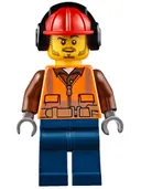Minifigurka: CTY0653:  Fire - Male, Orange Safety Vest, Reflective Stripes, Reddish Brown Shirt, Dark Blue Legs, Red Construction Helmet with Black Ear Protectors / Headphones, Stubble