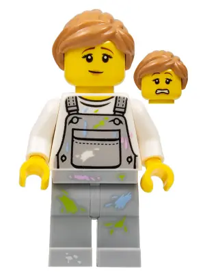 CTY0661:  Fence Painter - Female, Light Bluish Gray Overalls with Paint Splotches, Medium Nougat Ponytail